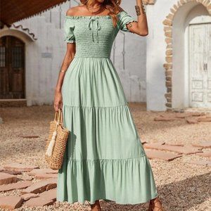 Mint Green Shirred Ruffle Hem Off Shoulder Dress
